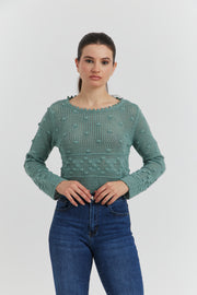 PULL FACON CROCHET FANTAISIE AMYRIA VERT CELADON